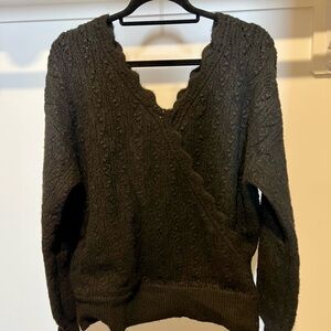 Listicle Black Scalloped V-Neck Cable Knit Sweater
